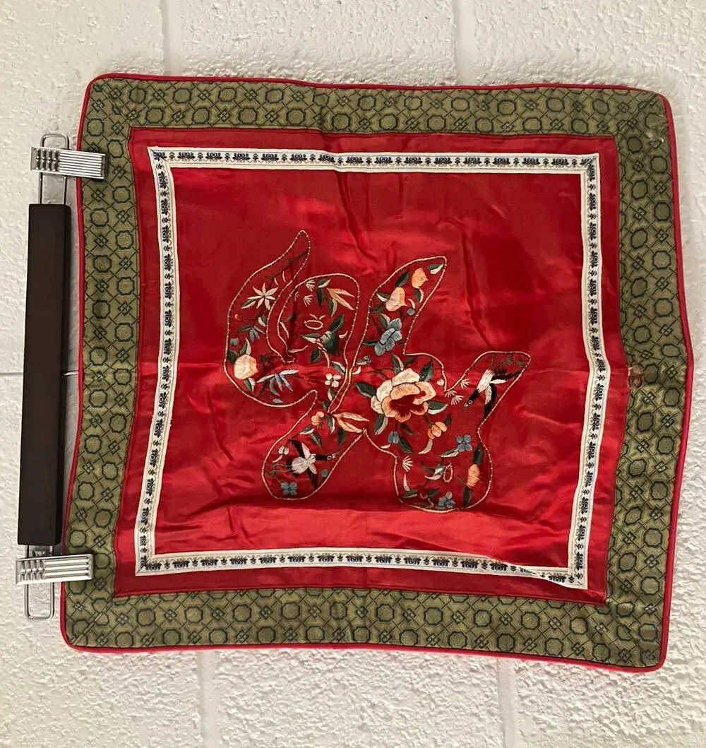 Vintage Chinese Silk Satin Embroidered Pillow Cover Red Brocade Floral 15”